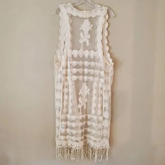 Women's‎ Bohemian Long Vest Embroidered Size Large Beige Western - Picture 7 of 9